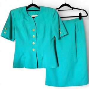 Vintage Kasper for A.S.L. Teal Short Sleeve Peplum 2-Piece Skirt Suit Size 8 EUC